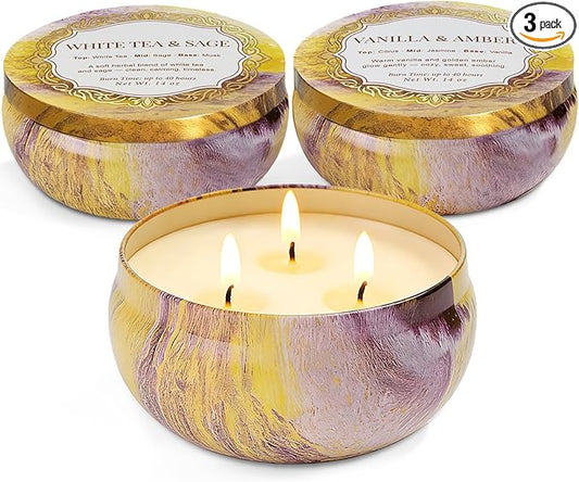 Candles, 3-Pack Large 3-Wick Tin Candle Set, 14oz Each — White Tea & Sage, Vanilla Amber, Cashmere Cedar — Luxury Strong-Throw Aromatherapy Candles in Gift Gold 6.3 x 7.09 in