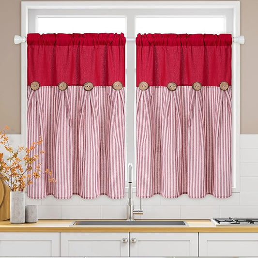 ASPMIZ Boho Linen Kitchen Curtains 36 Inch Length, Farmhouse Kitchen Window Curtain Over Sink, Red Striped Short Curtains for Small Windows, Bathroom, Rod Pocket Window Treatment Tiers with Button