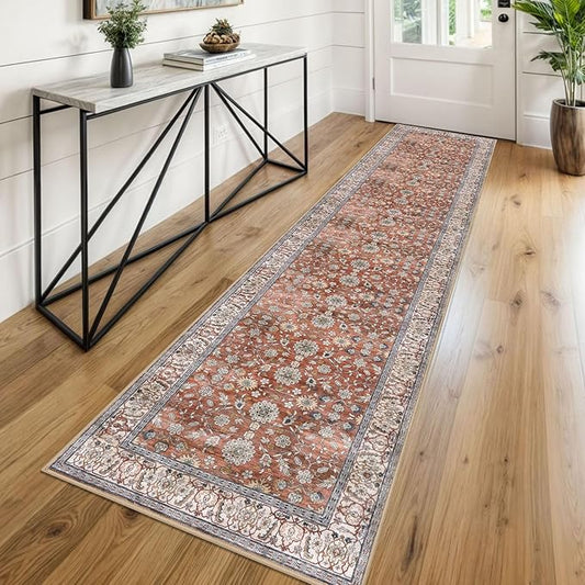 KUTA Vintage Washable Runner Rug, 2x8 Red Clay Runners for Hallways Non-Slip Kitchen Rugs Ultra Thin Soft Printed Distressed Oriental Floral Floor Carpet for Laundry Bedroom Living Room Nursery