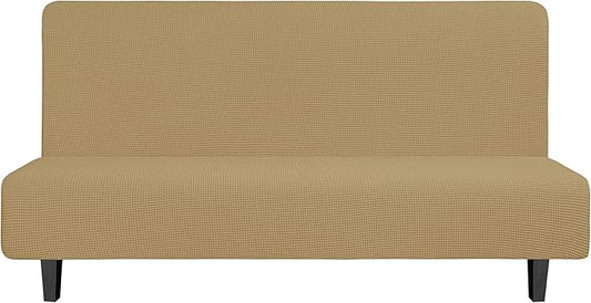 Easy-Going Stretch Futon Slipcover Armless Futon Bed Cover Furniture Protector Without Armrests with Elastic Bottom for Kids, Soft Jacquard Fabric Small Checks (Large, Golden)