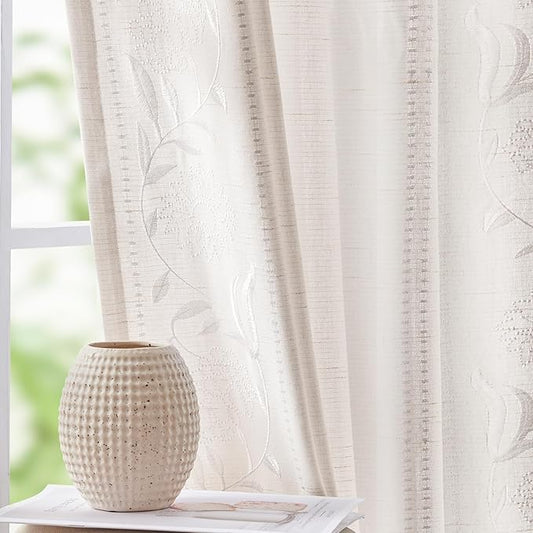 jinchan Winslow Linen Curtains for Bedroom 96 Inches Length Embroidered Bordered Floral Curtains for Living Room Farmhouse Decor Light Filtering Window Treatments White on White Drapes 2 Panels