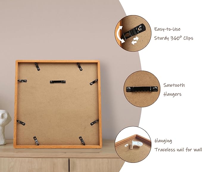 Square 12x12 Picture Frame with Mat for 8x8/10x10, Natural Teak Wood Handcrafted Rounded Corner with Real Glass, Vertical or Horizontal Display Photo Gallery Wall Mounting Frame