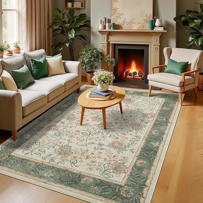 GarveeHome 4x6 Sage Green Washable Area Rug for Nursery Room, French Country Floral Bedroom Rug Non Slip Low Pile Carpet Stain Resistant Throw Rug for Bedside Kids Room Office Dining Room