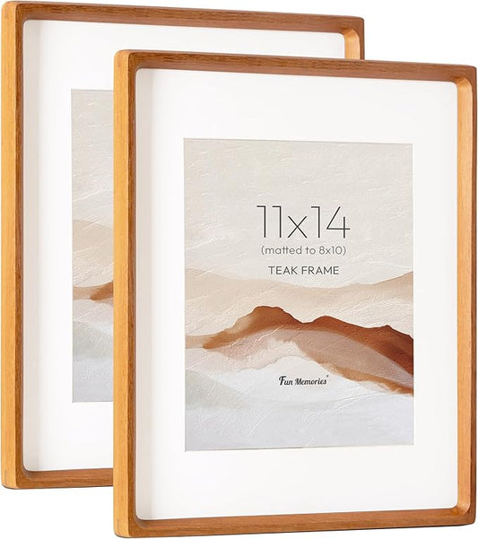 11x14 Picture Frame, USA-Sourced Teak Wood Photo Frame with HD Tempered Glass, Handcrafted Rounded Corner 11 x 14 Wooden Frames Matted to 8x10 Photos, Horizontal or Vertical Wall Display, 2 Pack