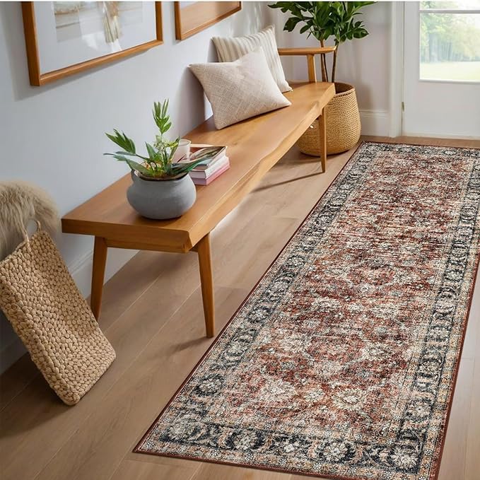 GarveeHome Washable Runner Rug 2x6 Vintage Carpet Runner with Non Slip Backing Foldable Non Shedding Retro Accent Rug Low Pile Distressed Throw Rug for Hallway Office Bedroom, Red