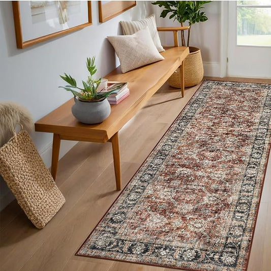 GarveeHome Washable Runner Rug 2x6 Vintage Carpet Runner with Non Slip Backing Foldable Non Shedding Retro Accent Rug Low Pile Distressed Throw Rug for Hallway Office Bedroom, Red