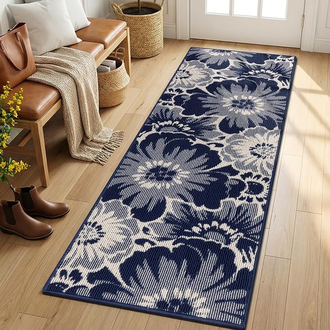 Findosom Hallway Runner Rug 2x8, Non Slip High-Low Textured Floral Washable Runner Rug with Rubber Backing, Boho Carpet Runner for Kitchen, Entryway, Bedroom, Laundry, Navy