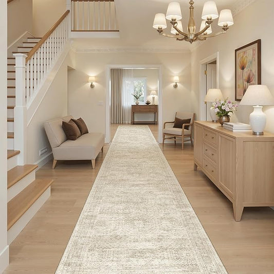 Soalmost Runner Rug 2'6" x 16' Washable Non-Slip 2.5x16 ft Long Runner Rugs for Kitchen Bathroom Laundry Room Vintage Ultra Thin Runners for Hallway Entryway Beige