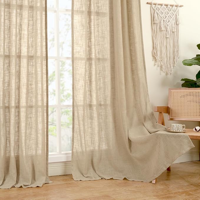 LAMIT Living Room Linen Curtains 90 Inch for Bedroom, Back Tab and Rod Pocket Linen Textured Sheer Curtains Light Filtering Burlap Curtains for Farmhouse, 2 Panels, Brown, 52 x 90 Inch