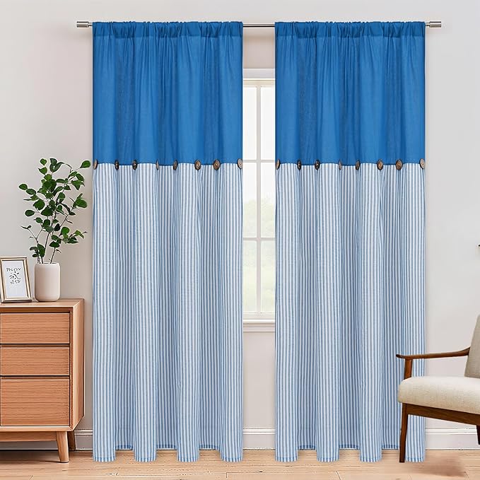 ASPMIZ Cotton Linen Curtains for Living Room, Rod Pocket & Back Tab Boho Curtains for Bedroom, Country Farmhouse Striped Curtain with Rustic Buttons, Home Decor, Lake Blue, 52 x 84 Inch, 2 Panels