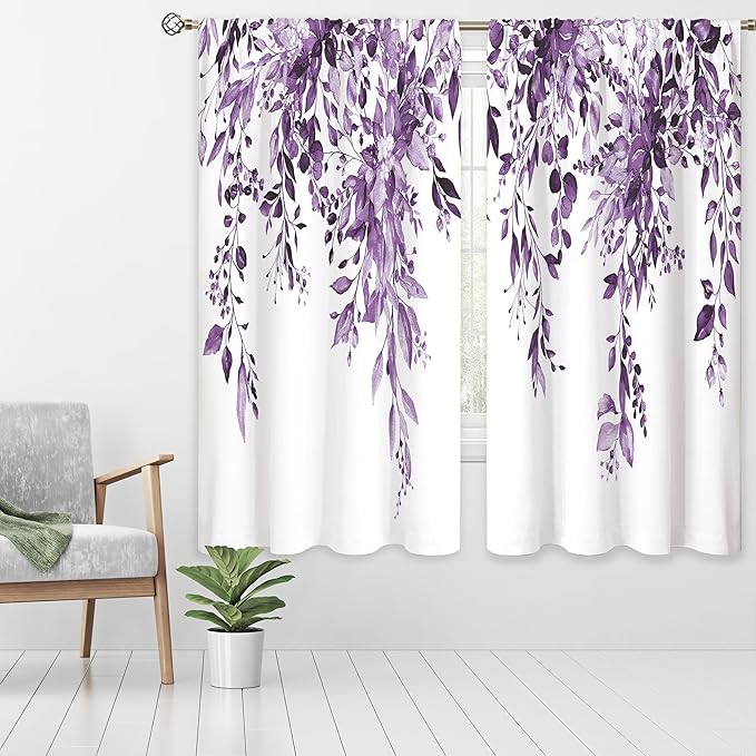 Purple Eucalyptus Botanical Leaves Floral Window Curtains Watercolor Flower Plant Wildflower Farmhouse Rustic Curtain Drapes Herb Curtains for Bedroom Living Room Treatment 42Wx63H Inch