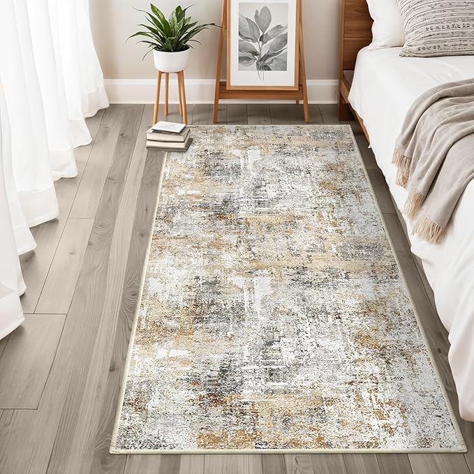 3x6 Washable Non-Slip Kitchen Runner Rug – Modern Abstract Wide Floor Carpet Runner with Rubber Backing for Entryway, Hallway, Bathroom, Living Room, Low Pile Thin (Gold Grey)