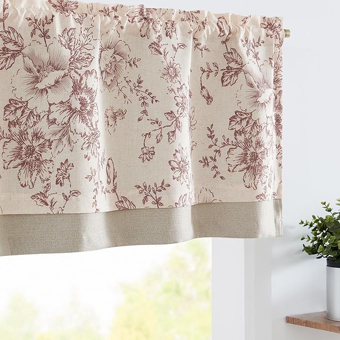 jinchan Linen Floral Valance Double Layer Kitchen Window Curtain Brick Red Flower Valance for Living Room Cafe Farmhouse Light Filtering Rustic Country Curtain 16 Inch Rod Pocket 1 Panel