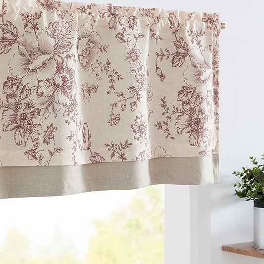 jinchan Linen Floral Valance Double Layer Kitchen Window Curtain Brick Red Flower Valance for Living Room Cafe Farmhouse Light Filtering Rustic Country Curtain 16 Inch Rod Pocket 1 Panel