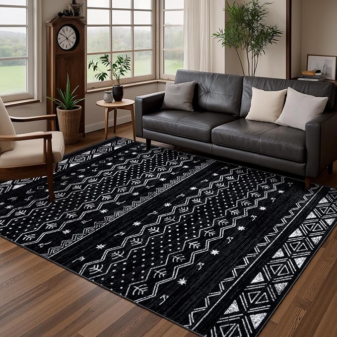 SERISSA 4x6 Area Rugs for Living Room, Washable Non-Slip Black and White Boho Rug, Soft Low-Pile Geometric Indoor Carpet for Dining Room Bedroom Home Office Nursery