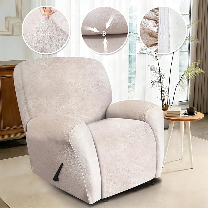 ANARACHON Recliner Chair Covers Leather Look, 4 Pieces Recliner Covers Non Slip, Soft Slipcovers for Large Recliners, Furniture Protector Washable for Pets (1 Seater, 02 Beige)