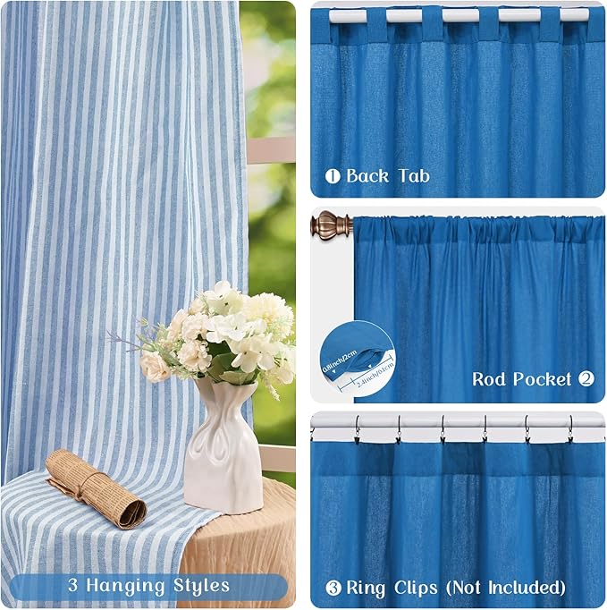 ASPMIZ Farmhouse Living Room Curtains Boho, Country Linen Curtains with Rustic Buttons, Rod Pocket & Back Tab Lake Blue Striped Curtain for Bedroom Window Curtain Home Decor, 52 x 63 Inch, 2 Panels