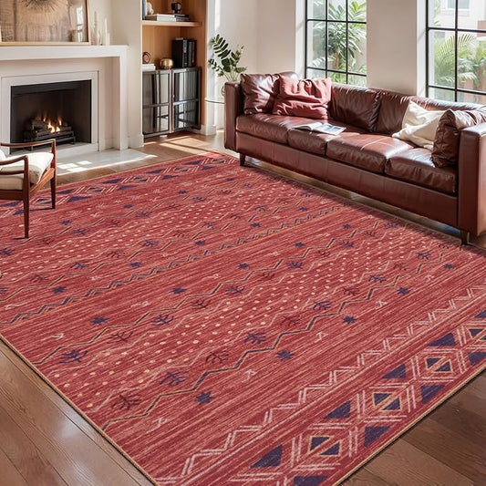 SERISSA 5x7 Area Rugs for Living Room, Washable Non-Slip Red Ochre Boho Rug, Soft Low-Pile Geometric Indoor Large Carpet for Dining Room Bedroom Home Office Playroom