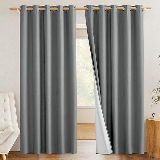NICETOWN 100% Absolutely Blackout Linen Curtains with Thermal Insulated White Liner, 62" Wide, 2 Panels, 84" Long Drapes, Grommet Retro Dove Grey Linen Curtains Vertical Drapes Privacy for Bedroom