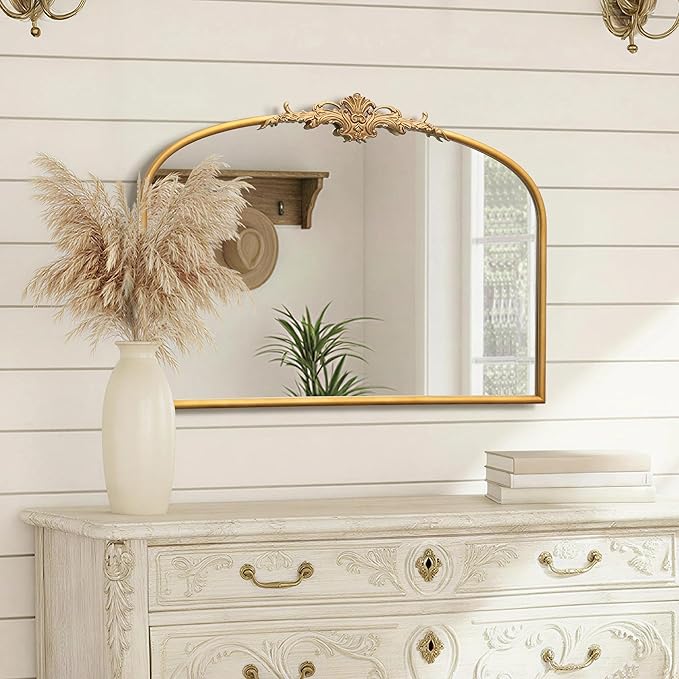 Besdomus Antique Arched Gold Mirror: 32"x24" French Large Antique Vanity Wall Mounted Mirror - Baroque Decorative Traditional Ornate for Fireplace/Bathroom/Bedroom - Wall Decor for Homemakers