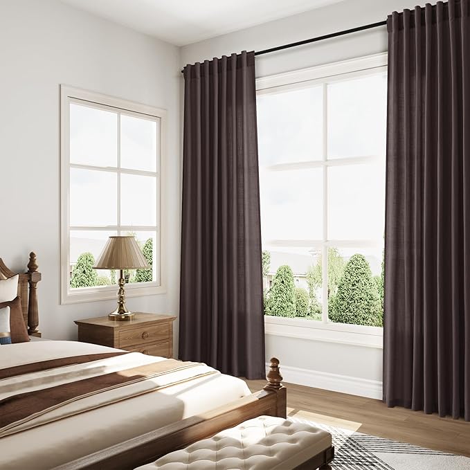 Nanspring Cocoa Coffee Linen Blend Light Filtering Back Tab Curtains 96 Inches Long, Semi Sheer Privacy Drapes for Living Room & Bedroom, 52x96 inch, 2 Panels