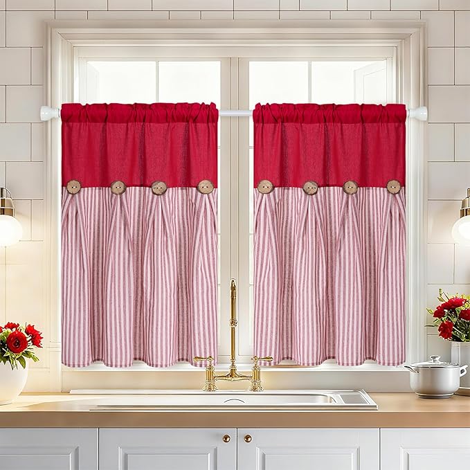 ASPMIZ Boho Linen Kitchen Curtains 36 Inch Length, Farmhouse Kitchen Window Curtain Over Sink, Red Striped Short Curtains for Small Windows, Bathroom, Rod Pocket Window Treatment Tiers with Button