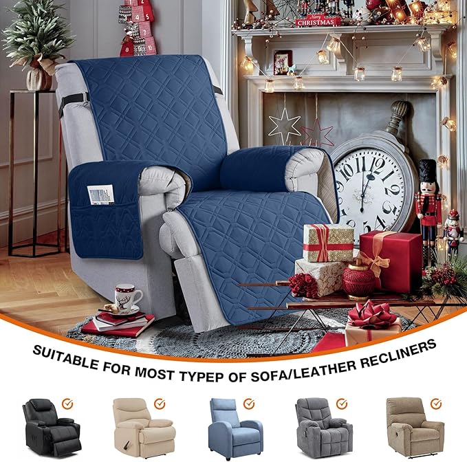VANSOFY 100% Waterproof Recliner Chair Covers, Recliner Cover Non-Slip Dog Chair Cover Furniture Protector Washable Slipcover with Pocket, Elastic Straps for Pets, Dogs(Ocean Blue, 25")