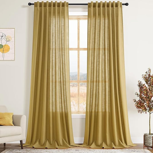 Gold Linen Curtains 90 Inch Long 2 Panels Set for Bedroom Living Room Linen Textured Window Drapes Semi Sheer Light Filtering Rod Pocket Back Tab Cotton Textured Farmhouse Curtain 52x90