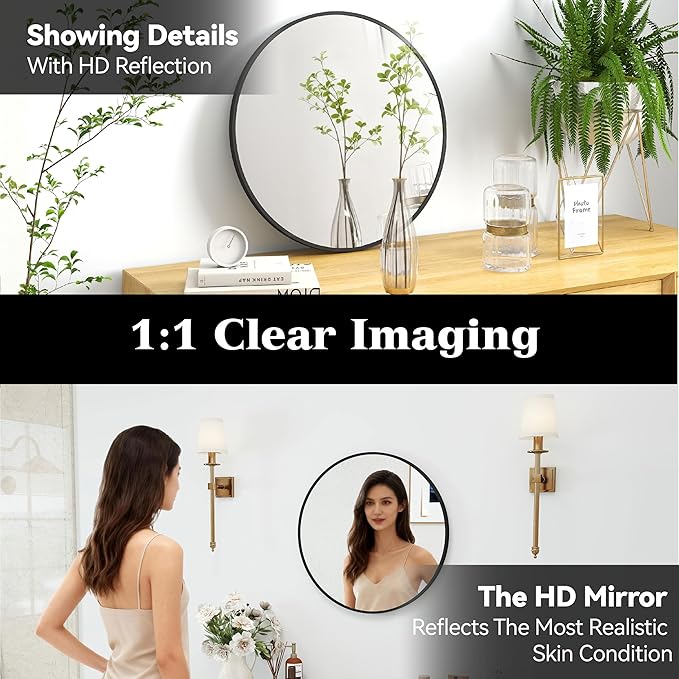 SCWF-GZ 20" Round Mirror Circle Wall Mounted Hanging or Against Wall Metal Frame Dressing Make-up Mirrors for Entryway Bedroom Bathroom Living Room 20 inch Black