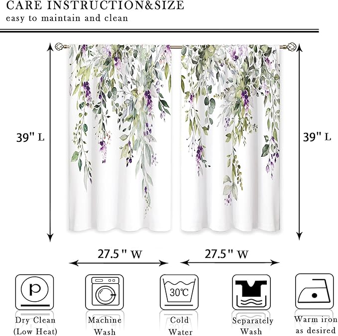 Eucalyptus Botanical Leaves Purple Floral Kitchen Window Curtains Flower Plant Leaf Small Window Treatment Sage Green Cafe Short Curtains for Bathroom Treatment Tier Drapes 27.9x39 inch
