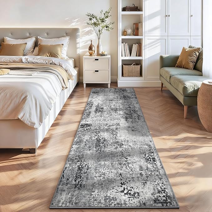 2x12 Grey Rug Runners for Hallways Kitchen Runner Rug Non Slip Washable Black Long Runner Rugs with Rubber Backing Soft Abstract Carpet Runner for Bedroom, Kitchen, Bathroom, Entryway