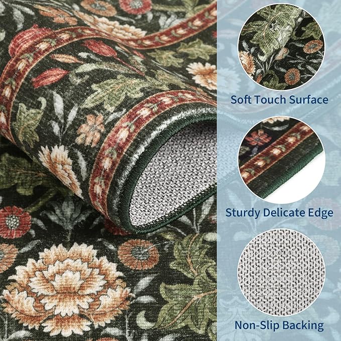 GarveeHome Washable Area Rug 6x9, Soft Vintage Floral Bedroom Rug Non Slip Low Pile Forest Green Carpet Stain Resistant Throw Rug for Bedside Kids Room Office Dining Room