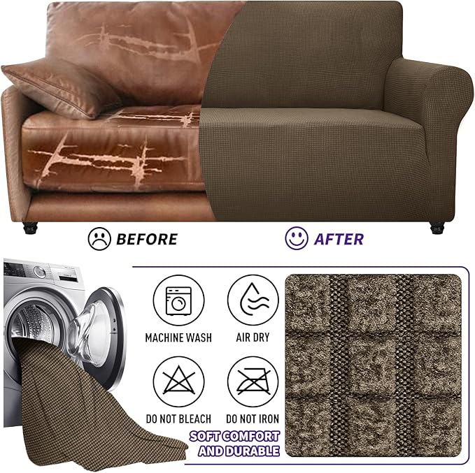 ZNSAYOTX Super Stretch Couch Cover Love Seat Sofa Covers for Living Room Dogs Pet Friendly Furniture Protector Spandex Loveseat Slipcovers with Anti Slip Foam Sticks (Brown, Loveseat)