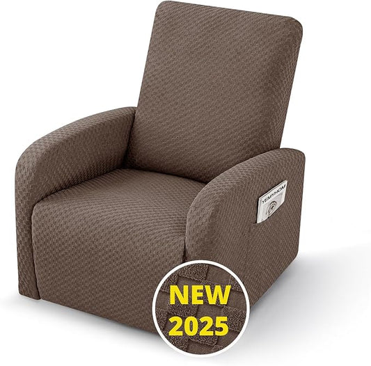YEMYHOM 3 Pieces Stretch Recliner Slipcover Latest Jacquard Small Recliner Chair Cover with Side Pocket Anti-Slip Fitted Furniture Protector with Elastic Bottom (X-Small Recliner, Light Coffee)