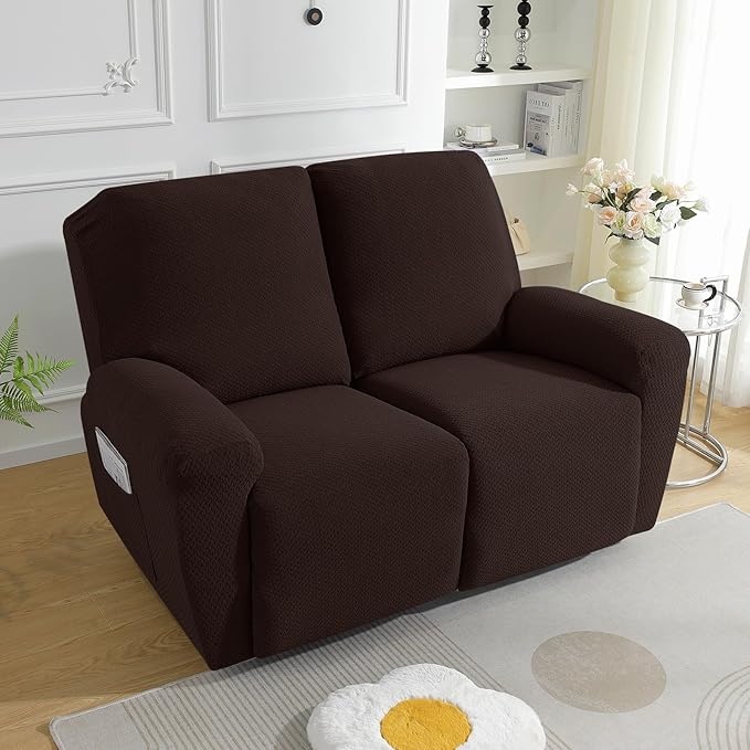 JIVINER 6-Piece Loveseat Recliner Slipcover Stretch Jacquard Recliner Sofa Cover 2 Seater Washable Reclining Couch Cover with Pocket Fitted Furniture Protector Cover (Dark Coffee)