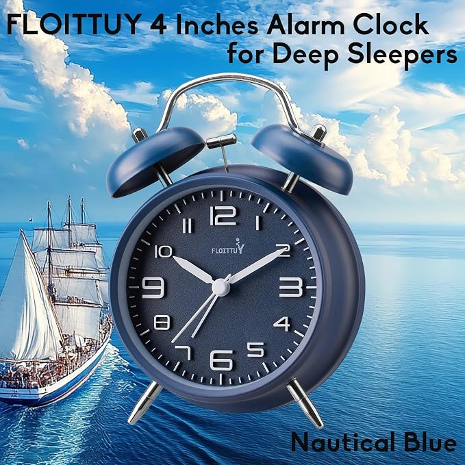 FLOITTUY (Loud Alarm for Deep Sleepers 4'' Twin Bell Alarm Clock, Stereo Digital Dial Alarm Clock with Backlight for Bedroom and Home Decoration(Nautical Blue) - Image 2