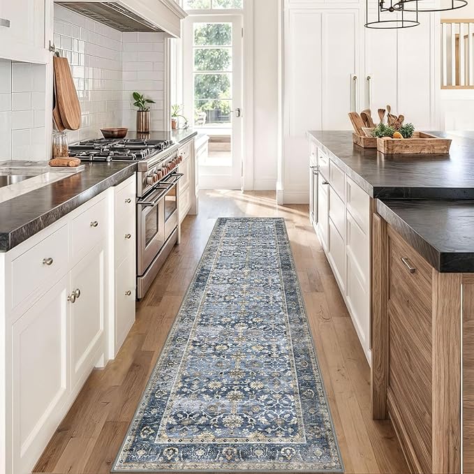 KUTA Vintage Washable Runner Rug, 2x8 Blue Grey Beige Runners for Hallways Non-Slip Kitchen Rugs Ultra Thin Soft Printed Distressed Floral Floor Carpet for Laundry Bedroom Living Room Nursery