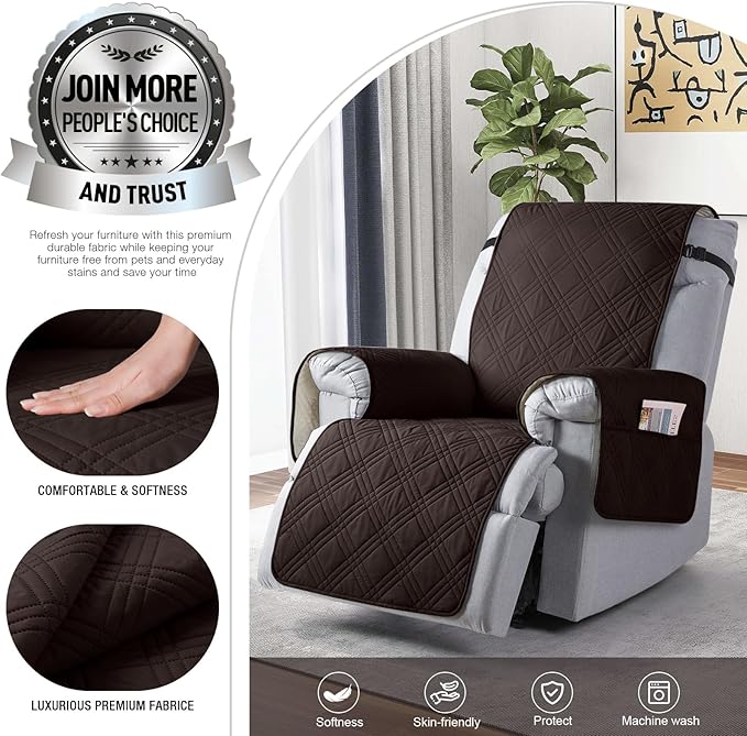 TAOCOCO 100% Waterproof Recliner Chair Covers, Non Slip Recliner Covers for Recliner Chair with Pocket, Washable Reclining Chair Cover Furniture Protector for Kids,Dogs(22'', Coffee)