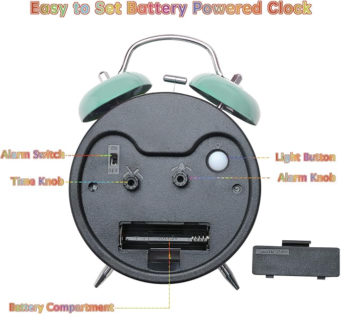 Peakeep Learning Clock for Kids Time Teaching, Loud Alarm to Wake Up | 4.5" Twin Bell Alarm Clock Battery Operated for Teenagers Kids, Kids' Room (Aqua) - Image 5
