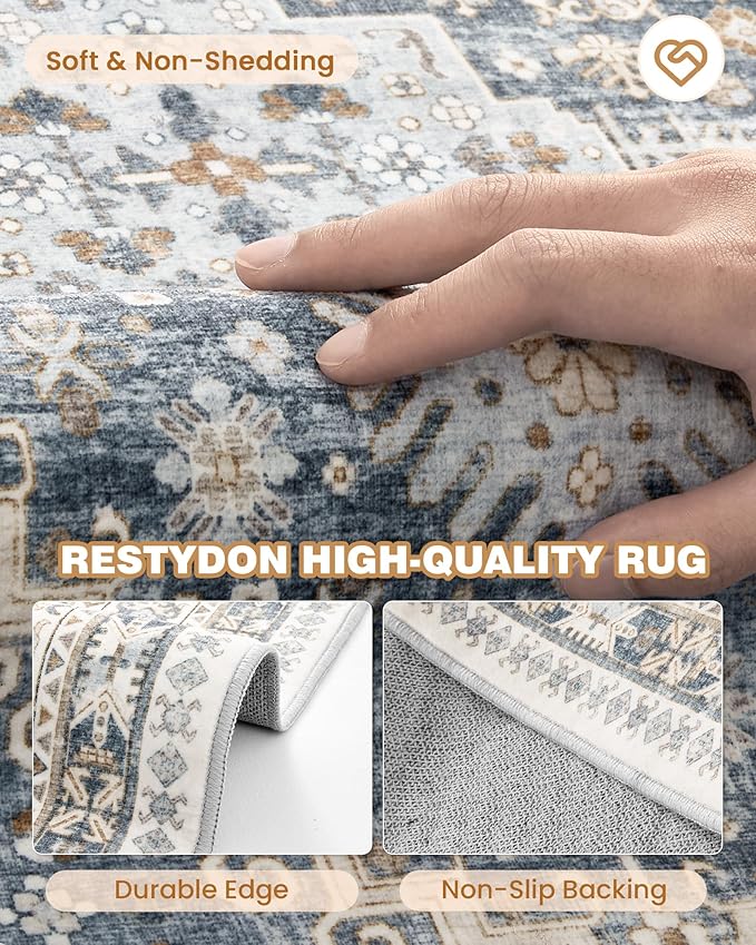 3x10 Runner Rug Non Slip Washable for Entryway, Front Porch, Vintage Hallway Runner for Laundry Room, Bedroom, Stain Resistant Thin Indoor Kitchen Mats for Floor(Blue/Beige,3'x10')