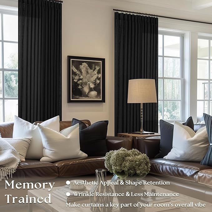 TWODRAPES Black Pinch Pleated Linen Curtains 80 Inches Long for Living Room Bedroom Light Filtering Boho Window Drape 80 Inch 2 Panels with Hooks Rings Back Tab Sliding Glass Door Semi Sheer Curtain