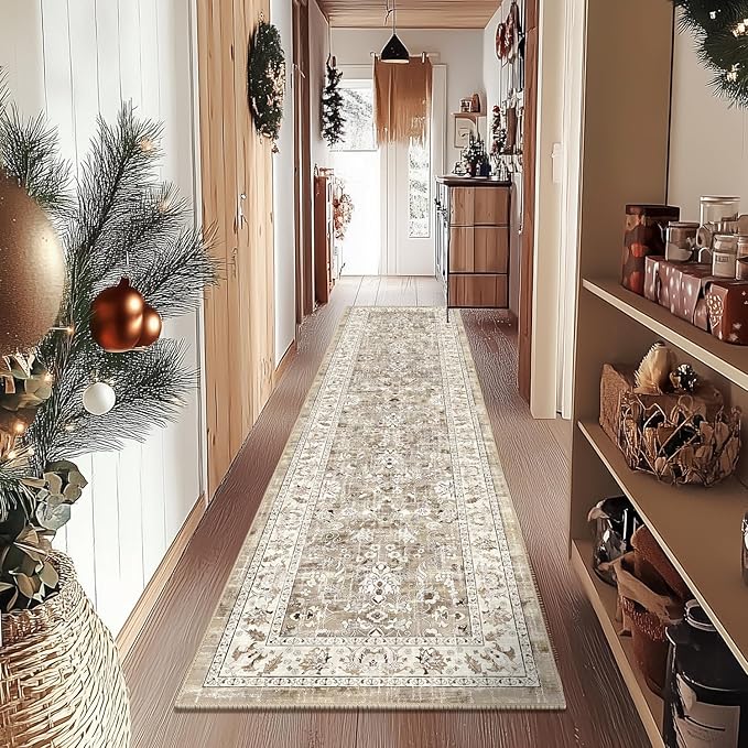 LOKHOM Washable Runner Rug, 2x8 Non-Slip Vintage Hallway Runner Rug with Rubber Backing, Boho Floral Soft Faux Wool Kitchen Rug Carpet Runner for Laundry Entryway Bedroom (Beige Brown)