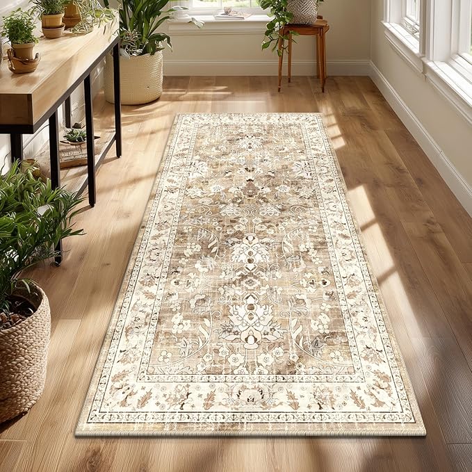 LOKHOM Washable Runner Rug, 3x6 Non-Slip Vintage Hallway Runner Rug with Rubber Backing, Boho Soft Distressed Kitchen Rugs Floor Carpet Runner for Kitchen Laundry Bedroom (Beige Brown)