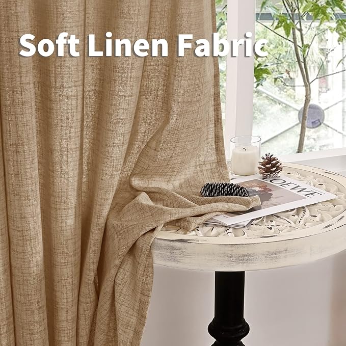 YoungsTex Burlap Linen Curtains 40 Inch Long for Kitchen Cafe Window, Short Semi Sheer Drapes Textured with Bronze Grommet Light Filtering for Bathroom Bedroom, Toffee, 2 Panels, 42 X 40 Inch