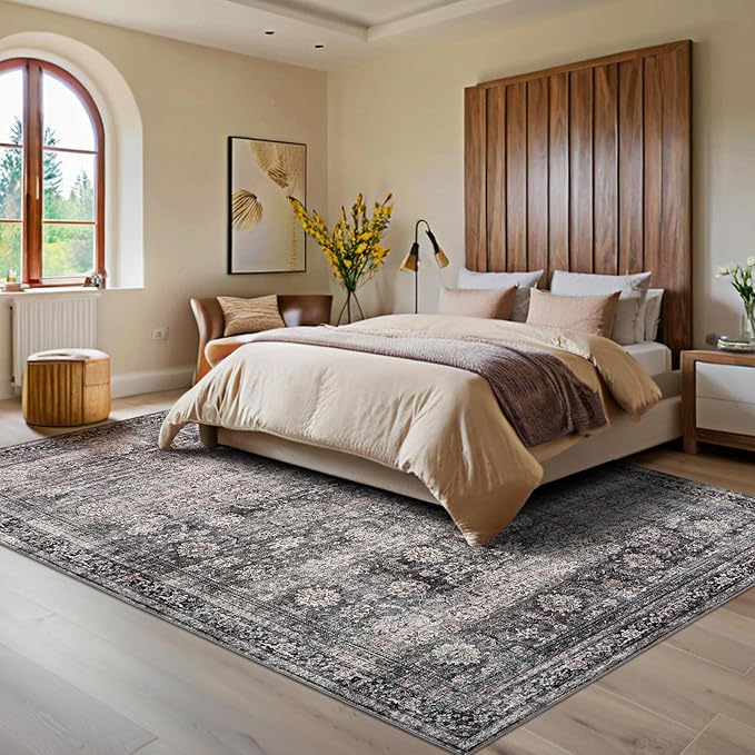GarveeHome Washable Area Rugs 6x9 Vintage Printed Accent with Non-Slip Backing, Stain-Resistant Oriental Throw Rugs, Farmhouse Low Pile for Bedroom, Living Room, Green Camel