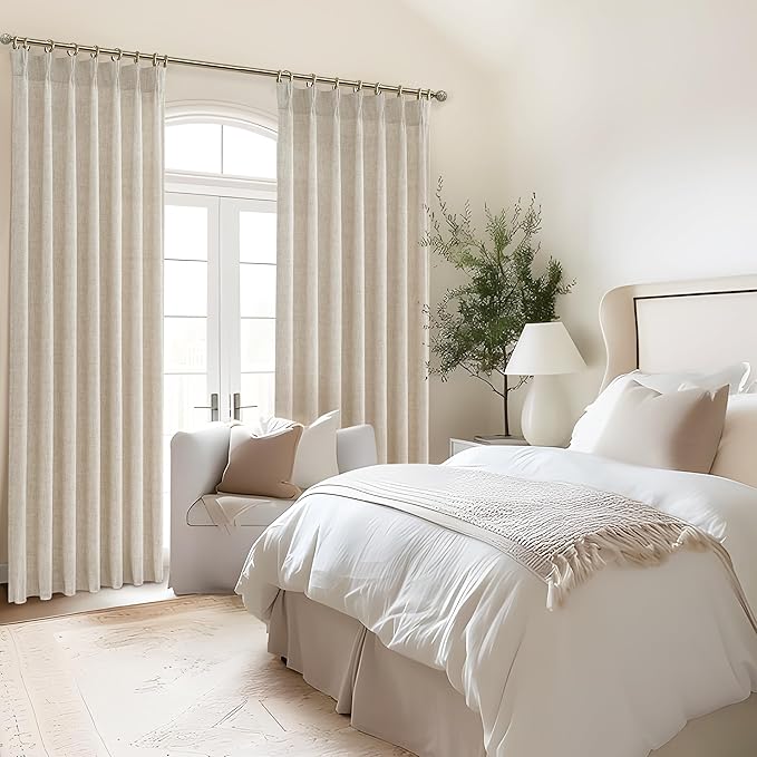 Extra Long 132 Inch Pinch Pleated Natural Linen Curtains for Bedroom 2 Panels Set, Light Filtering Memory Trained Protect Privacy Luxury Windows Curtain Oatmeal 11 FT Length Floor to Ceiling Drapes