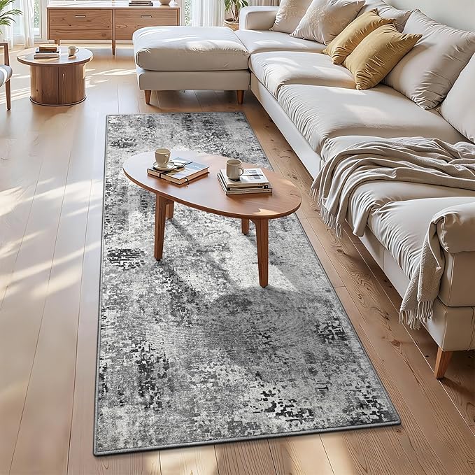 3x7 Grey Rug Runners for Hallways Kitchen Runner Rug Non Slip Washable Black Long Runner Rugs with Rubber Backing Soft Abstract Carpet Runner for Bedroom, Kitchen, Bathroom, Entryway