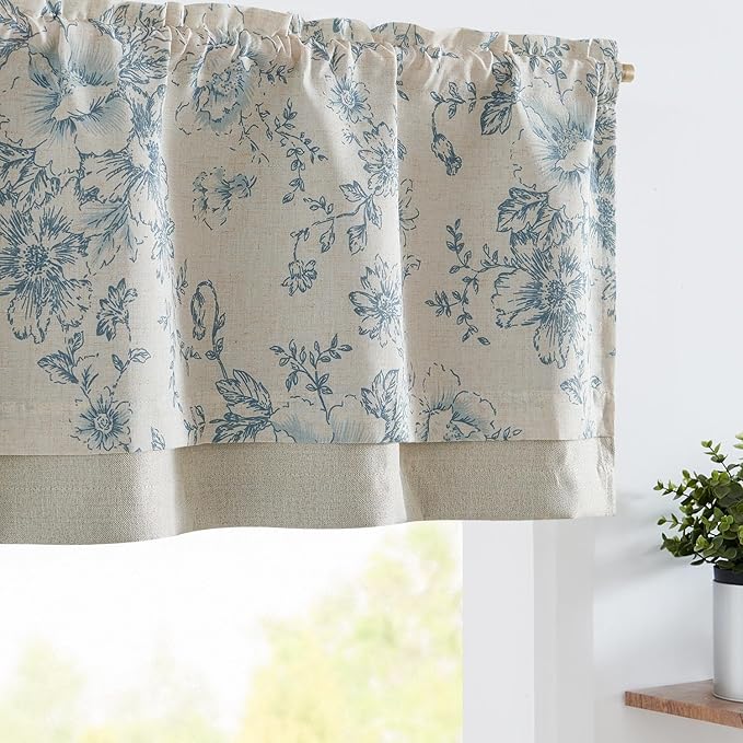 jinchan Linen Floral Valance Double Layer Kitchen Window Curtain Blue Flower on Beige Valance for Living Room Cafe Farmhouse Light Filtering Rustic Country Curtain 16 Inch Rod Pocket 1 Panel