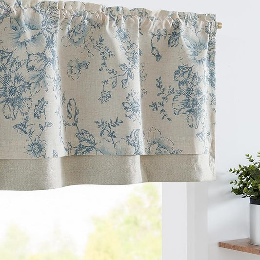 jinchan Linen Floral Valance Double Layer Kitchen Window Curtain Blue Flower on Beige Valance for Living Room Cafe Farmhouse Light Filtering Rustic Country Curtain 16 Inch Rod Pocket 1 Panel