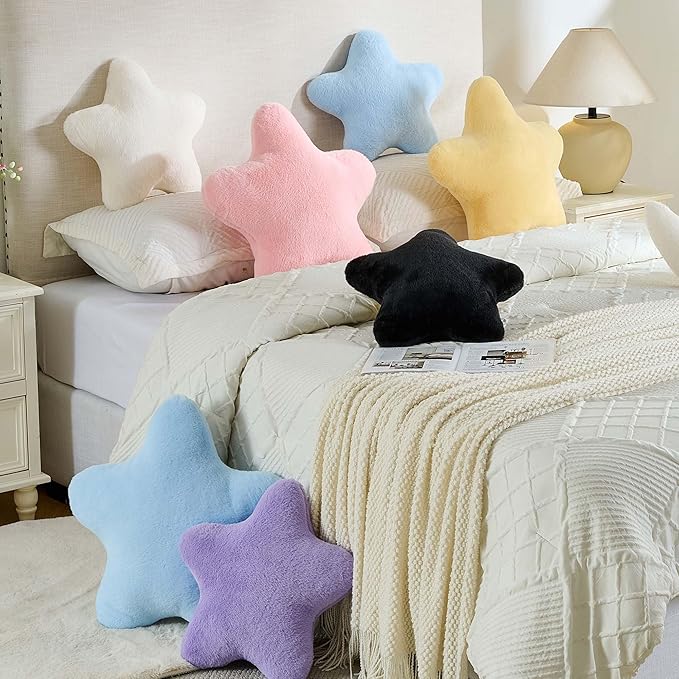 CANGHI Star Pillow 15.7" Pink Star Shaped Decorative Throw Pillow for Couch Bed Aesthetic Plush Floor Seating Cushions with Soft Faux Rabbit Fur for Sofa Bedroom Living Room